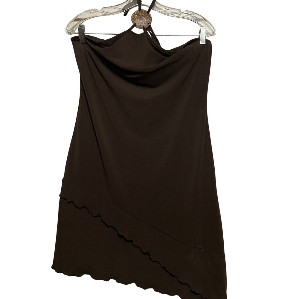 VTG MODA INTERNATIONAL Brown Halter Dress Coconut Detail Ruffle Hem Size L Y2K